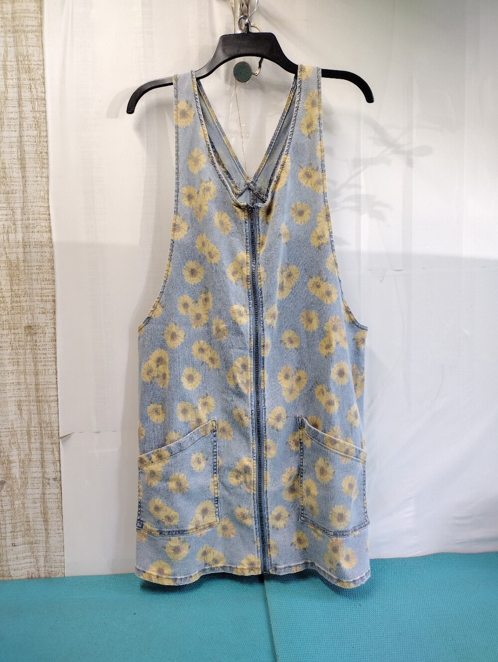 SO Women's Blue Denim Sunflower Zip Up Romper XXL